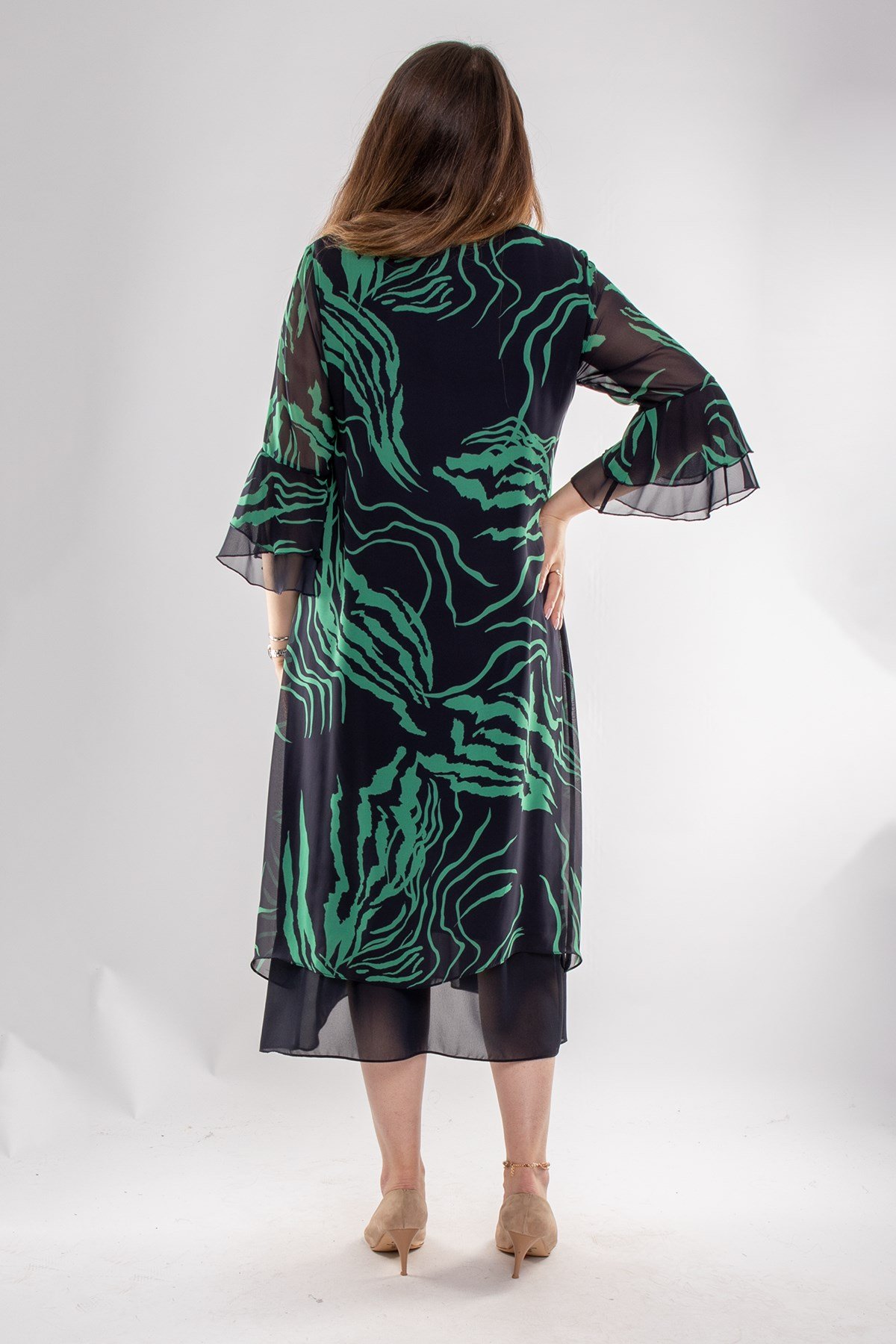 7270 Büyük Beden Valon Kol Astarlı Şifon Kısa Elbise