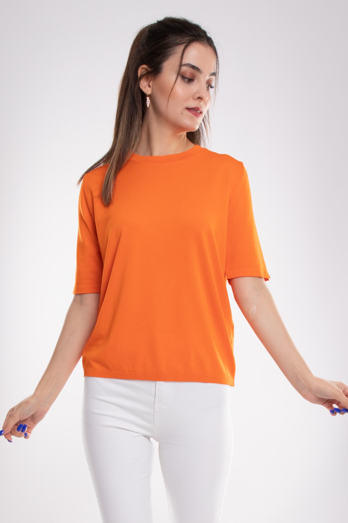 731 Bisiklet Yaka Arka Damlı Kısa Kol Merserize Triko