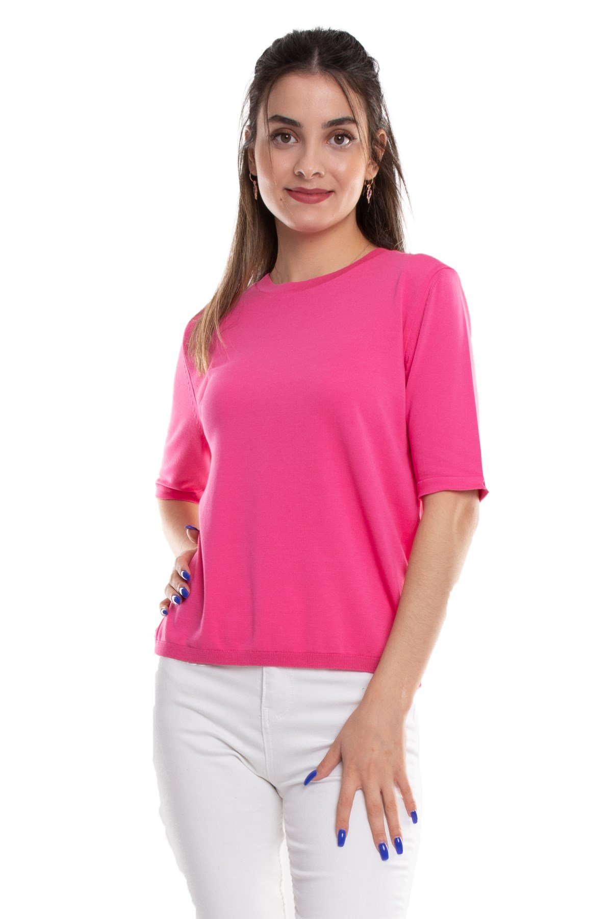 731 Bisiklet Yaka Arka Damlı Kısa Kol Merserize Triko