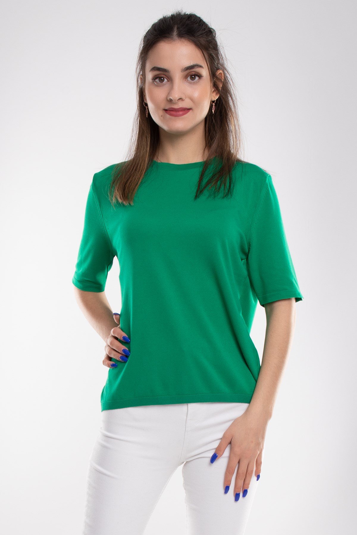 731 Bisiklet Yaka Arka Damlı Kısa Kol Merserize Triko