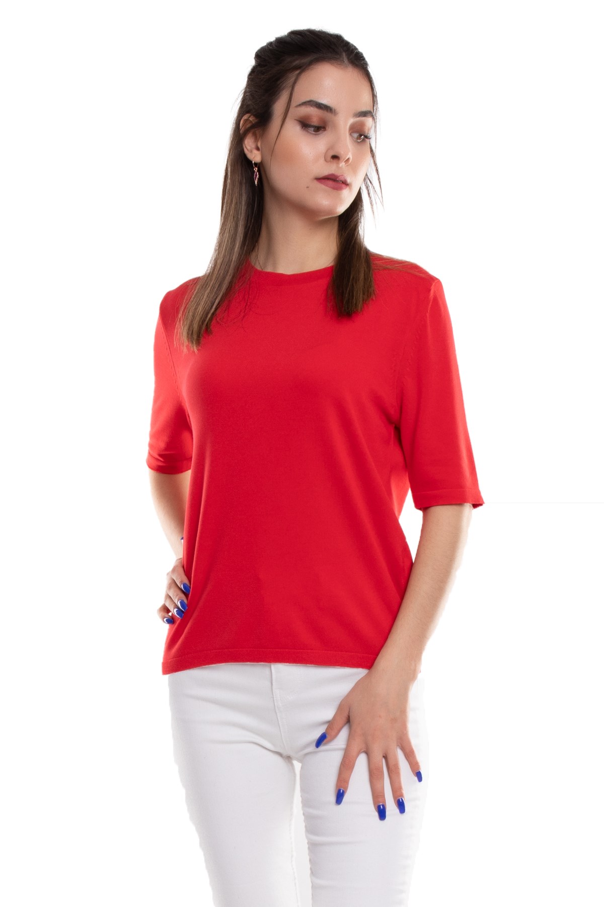 731 Bisiklet Yaka Arka Damlı Kısa Kol Merserize Triko