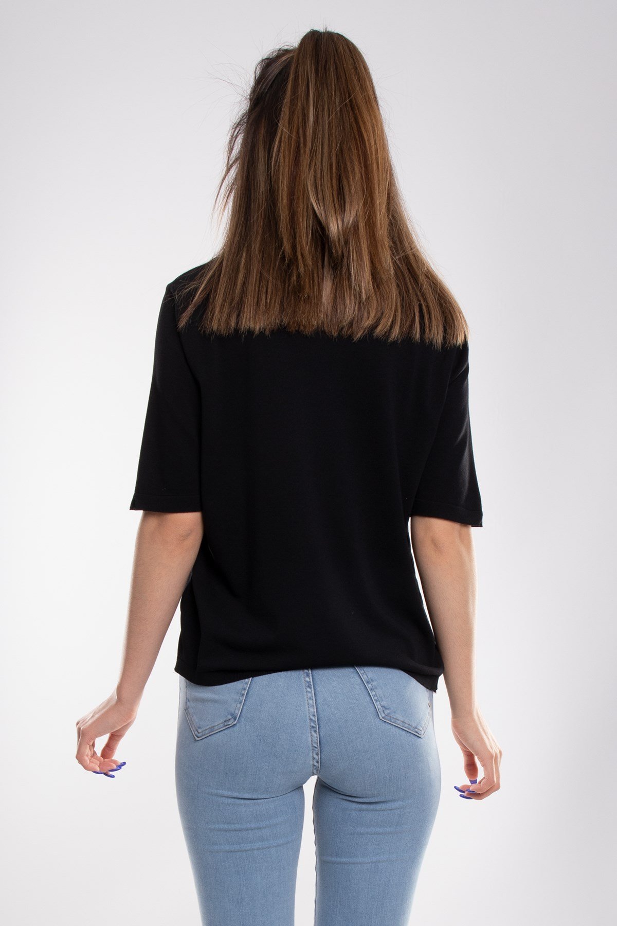 731 Bisiklet Yaka Arka Damlı Kısa Kol Merserize Triko