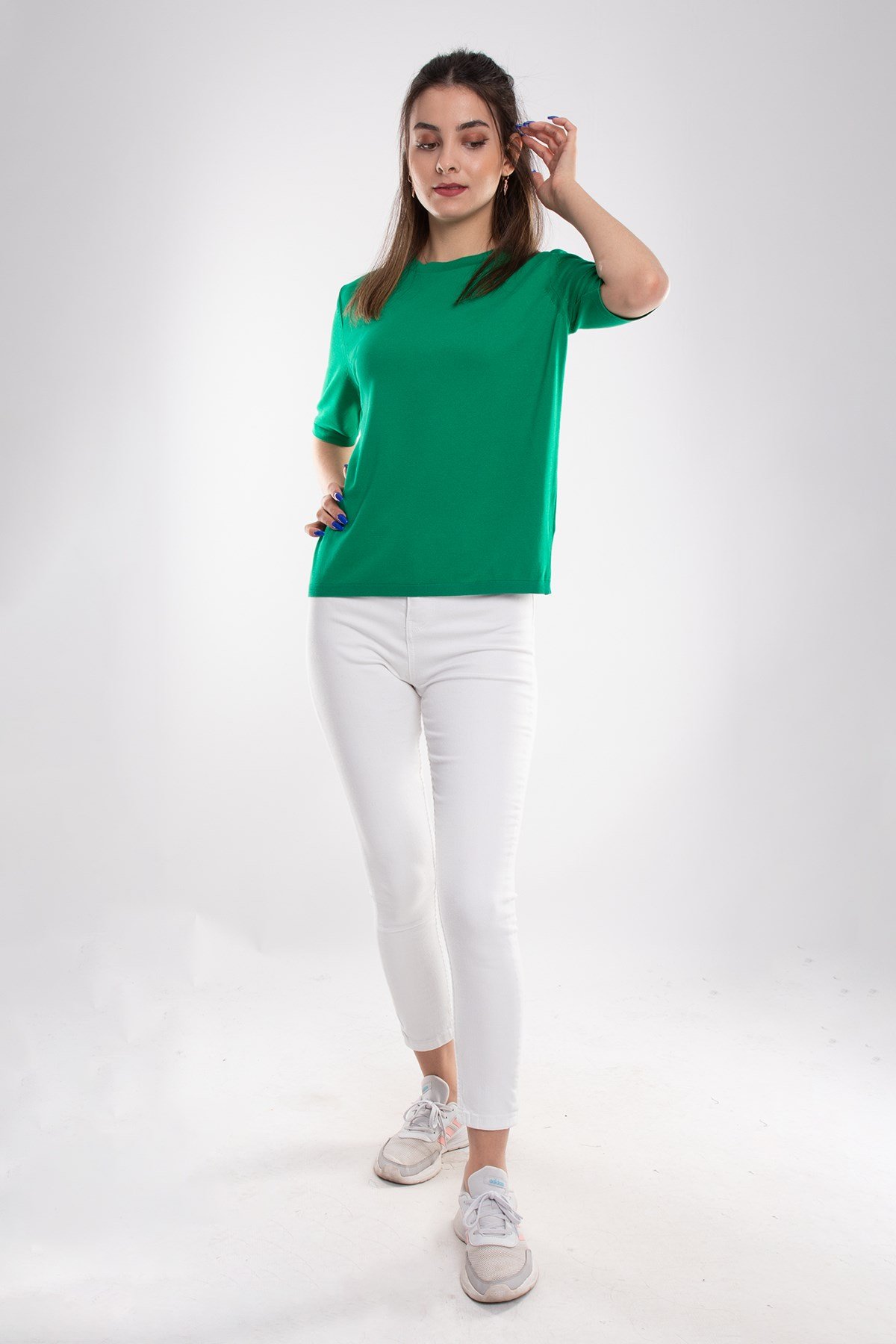 731 Bisiklet Yaka Arka Damlı Kısa Kol Merserize Triko