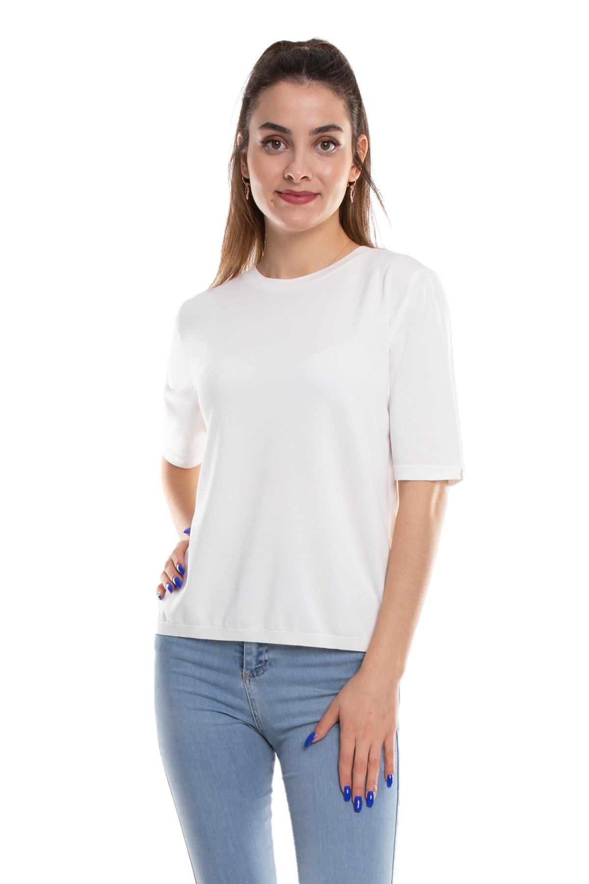 731 Bisiklet Yaka Arka Damlı Kısa Kol Merserize Triko