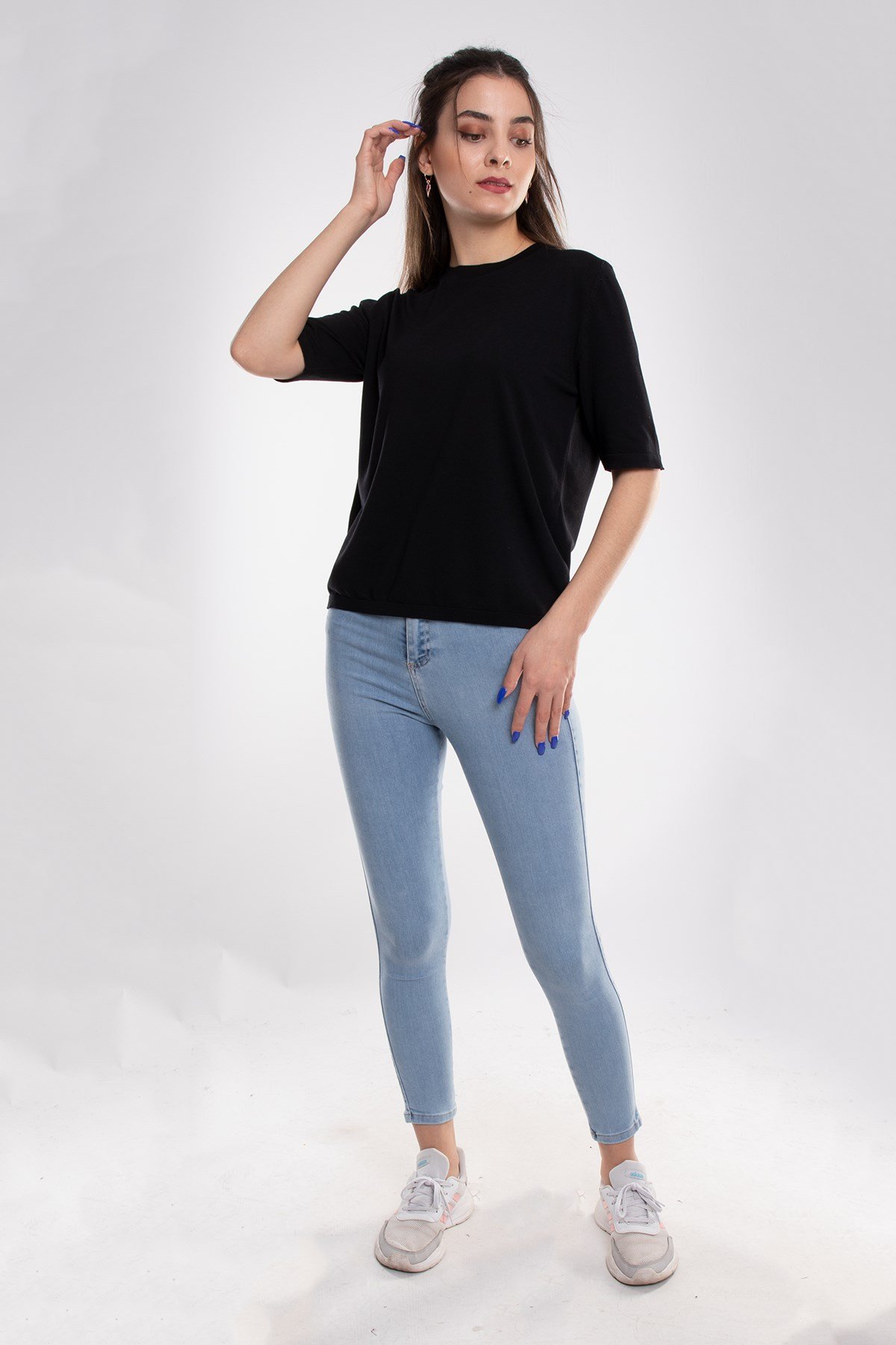 731 Bisiklet Yaka Arka Damlı Kısa Kol Merserize Triko