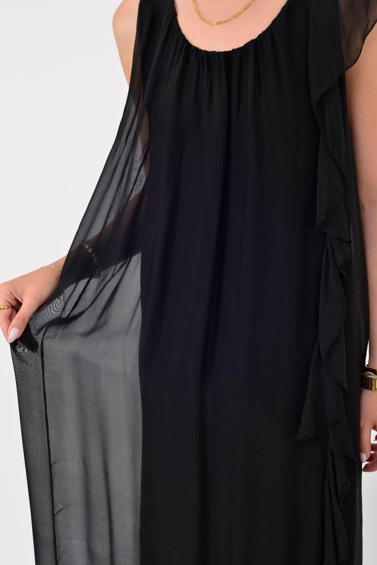 7338 Fırfır Detaylı Sufur Kol Uzun İpek Elbise