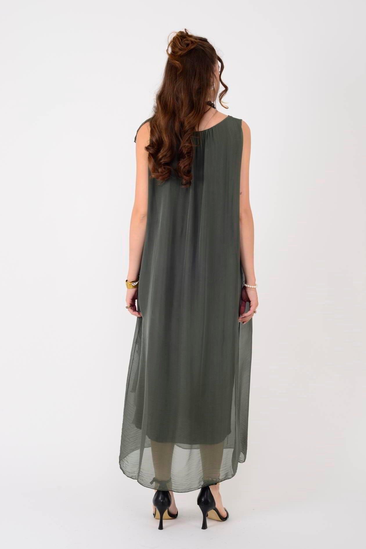 7338 Fırfır Detaylı Sufur Kol Uzun İpek Elbise