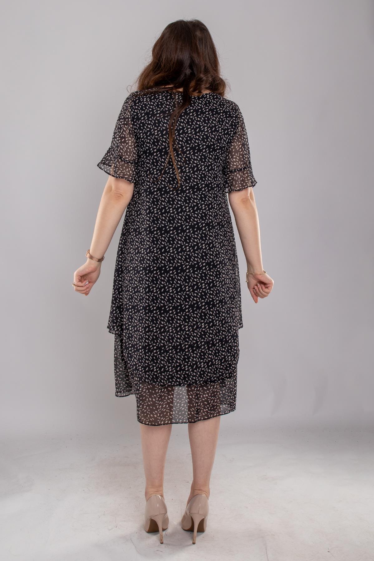 7390 Büyük Beden Fırfırlı Mini Nokta Desenli Astarlı Kısa Şifon Elbise