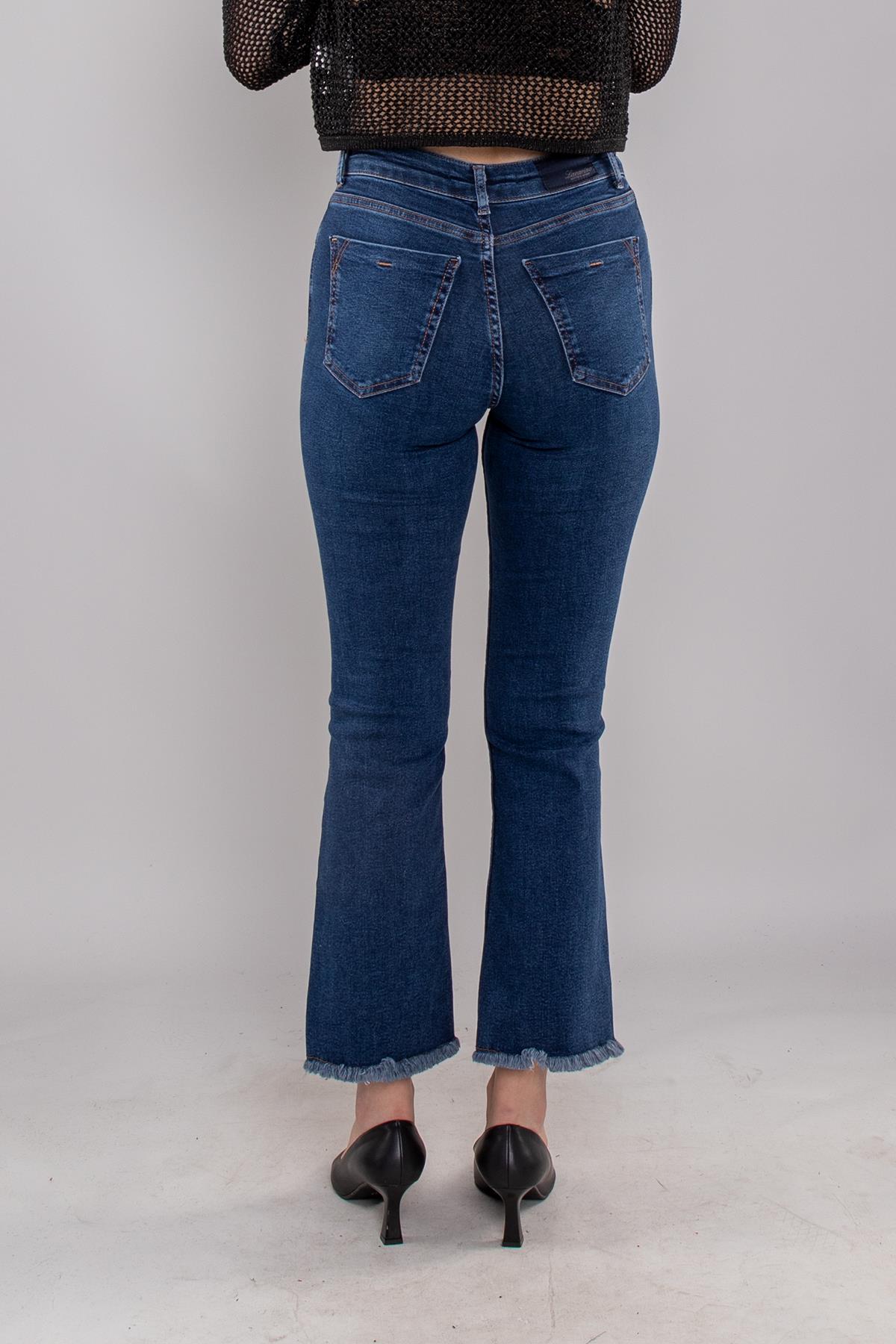 7403 Mini Flare Yüksek Bel Paça Püsküllü Pamuklu Pantolon