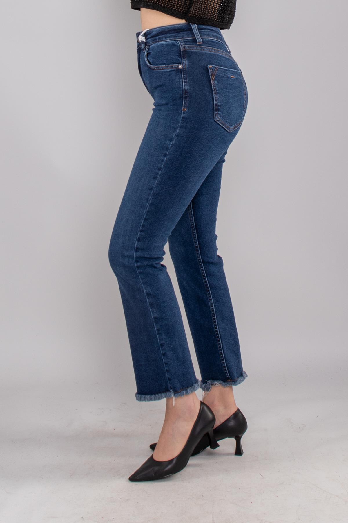 7403 Mini Flare Yüksek Bel Paça Püsküllü Pamuklu Pantolon