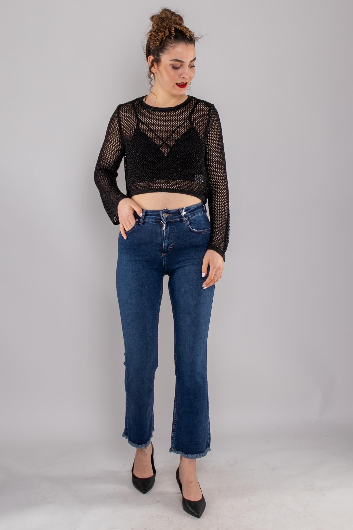 7403 Mini Flare Yüksek Bel Paça Püsküllü Pamuklu Pantolon