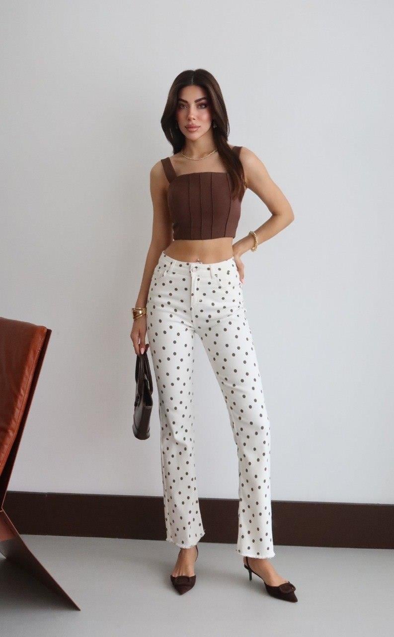 7403 Puantiyeli Mini Flare Kesik Paça Pantolon