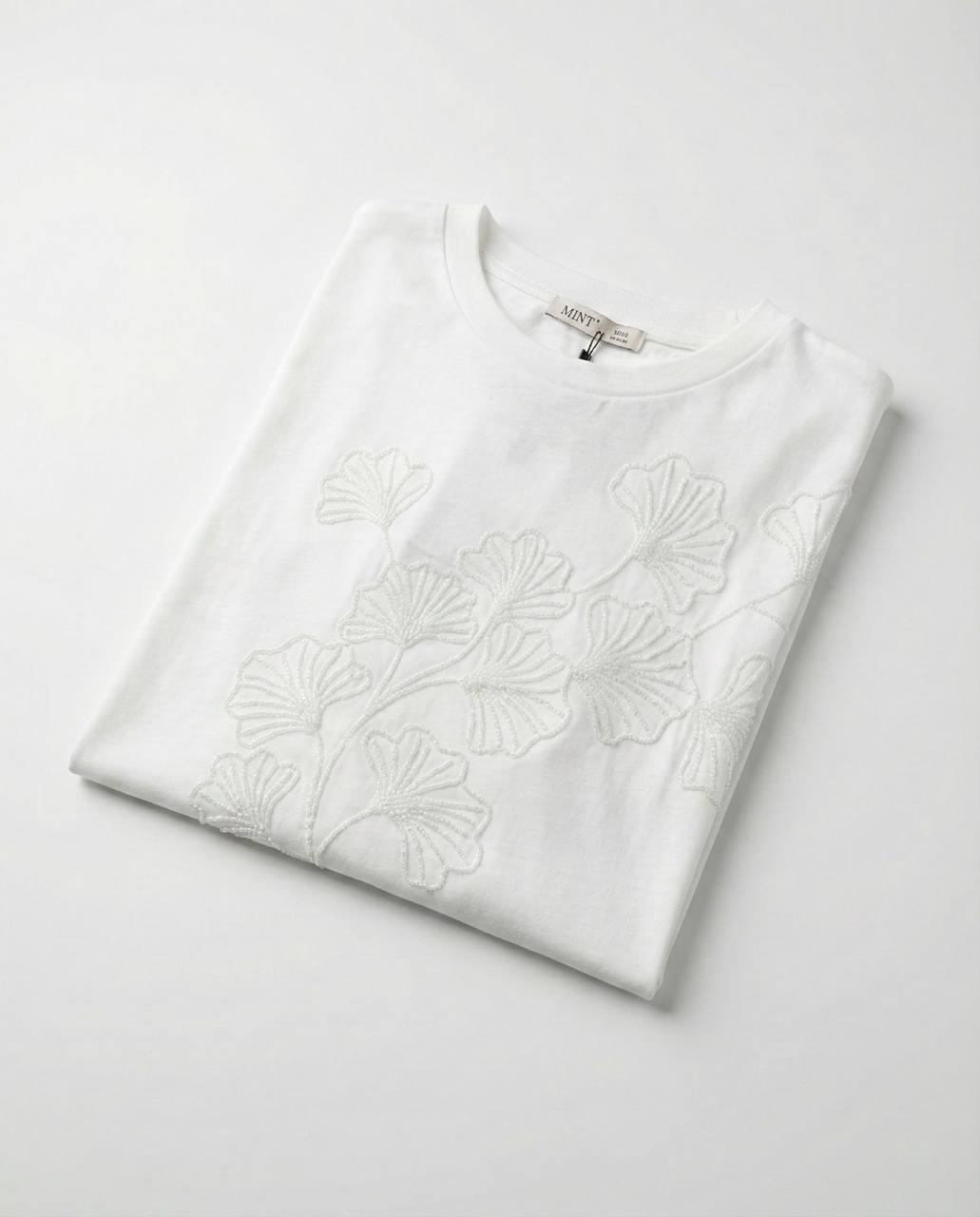 7437 Vyaka Taşlı Yelpaze Çiçek Nakışlı Kısa Kol Tshirt