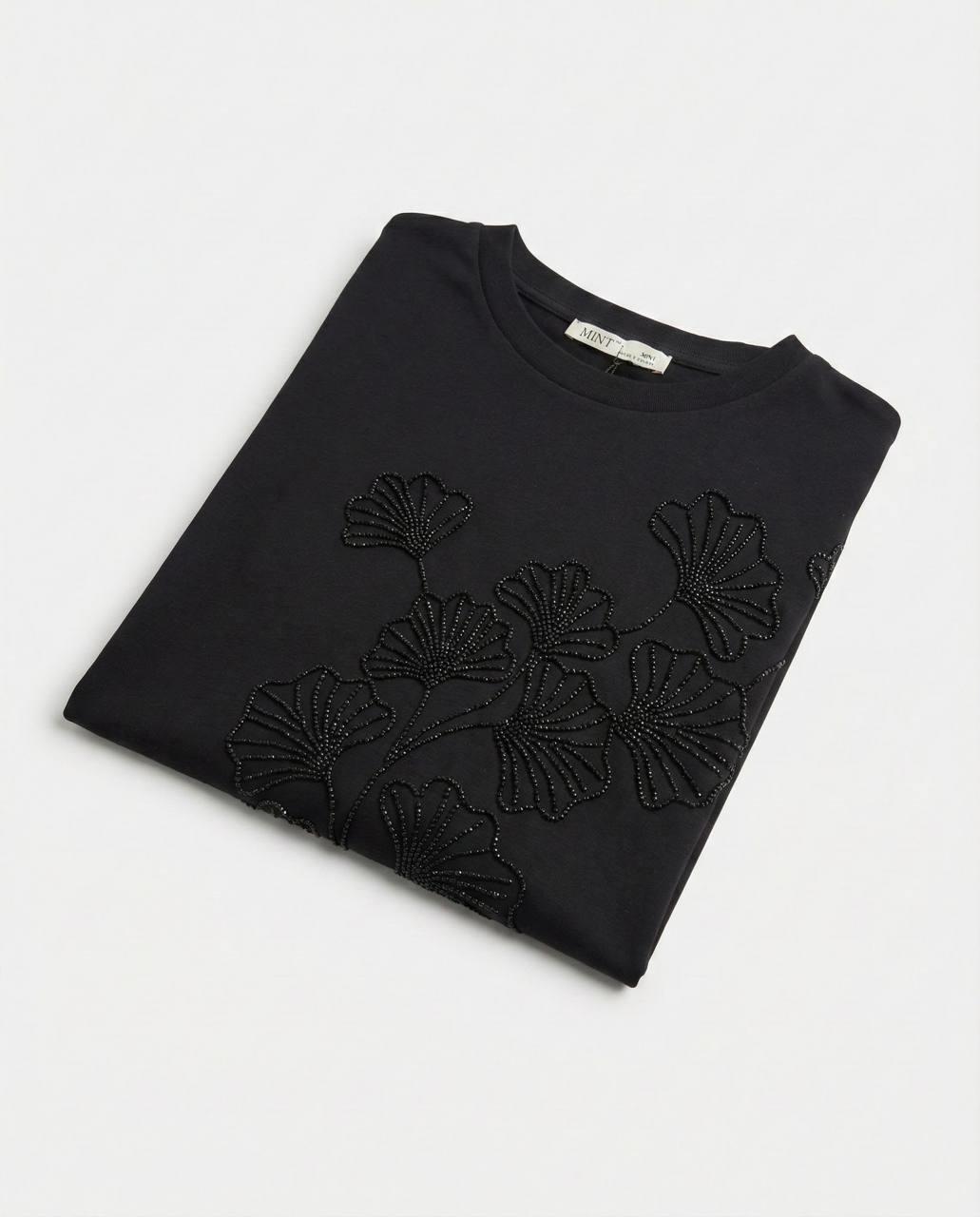 7437 Vyaka Taşlı Yelpaze Çiçek Nakışlı Kısa Kol Tshirt