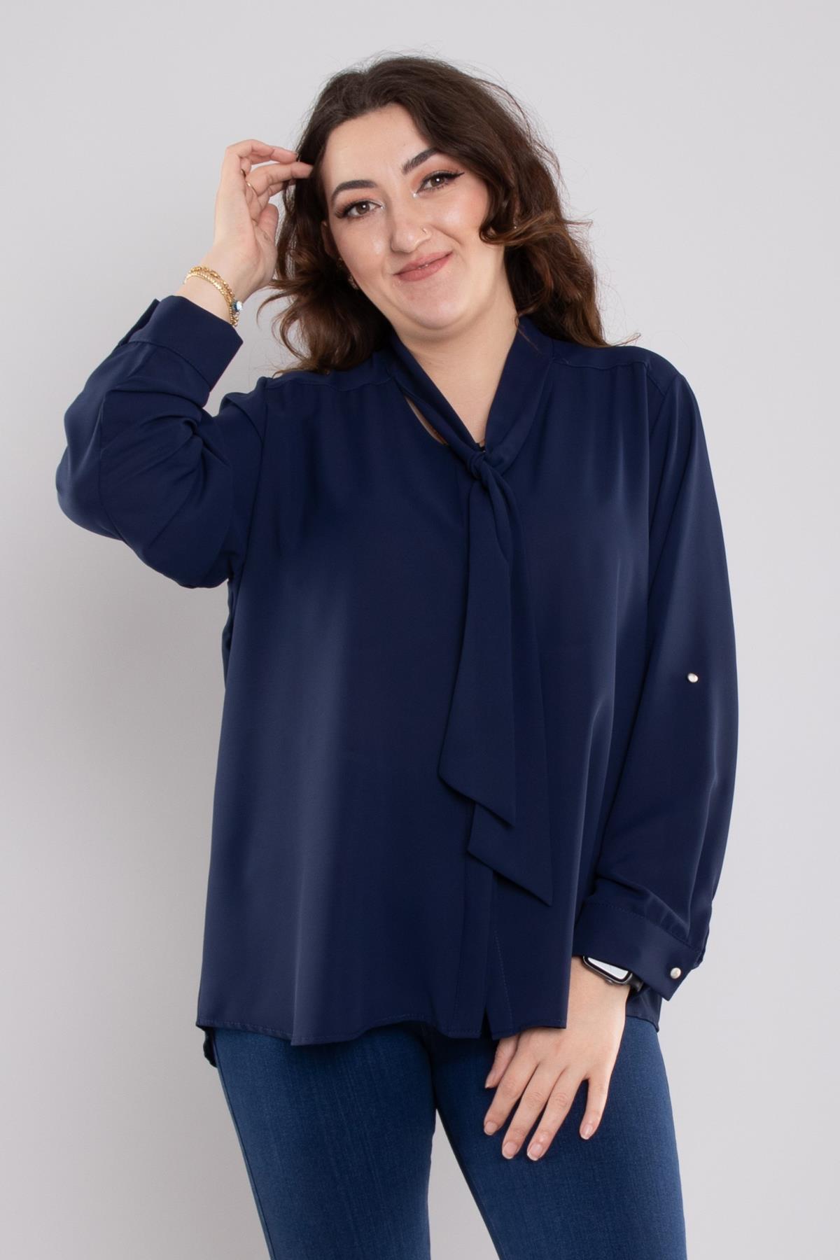 7465 Battal Yaka Fularlı Gizli Düğmeli Floş Gömlek