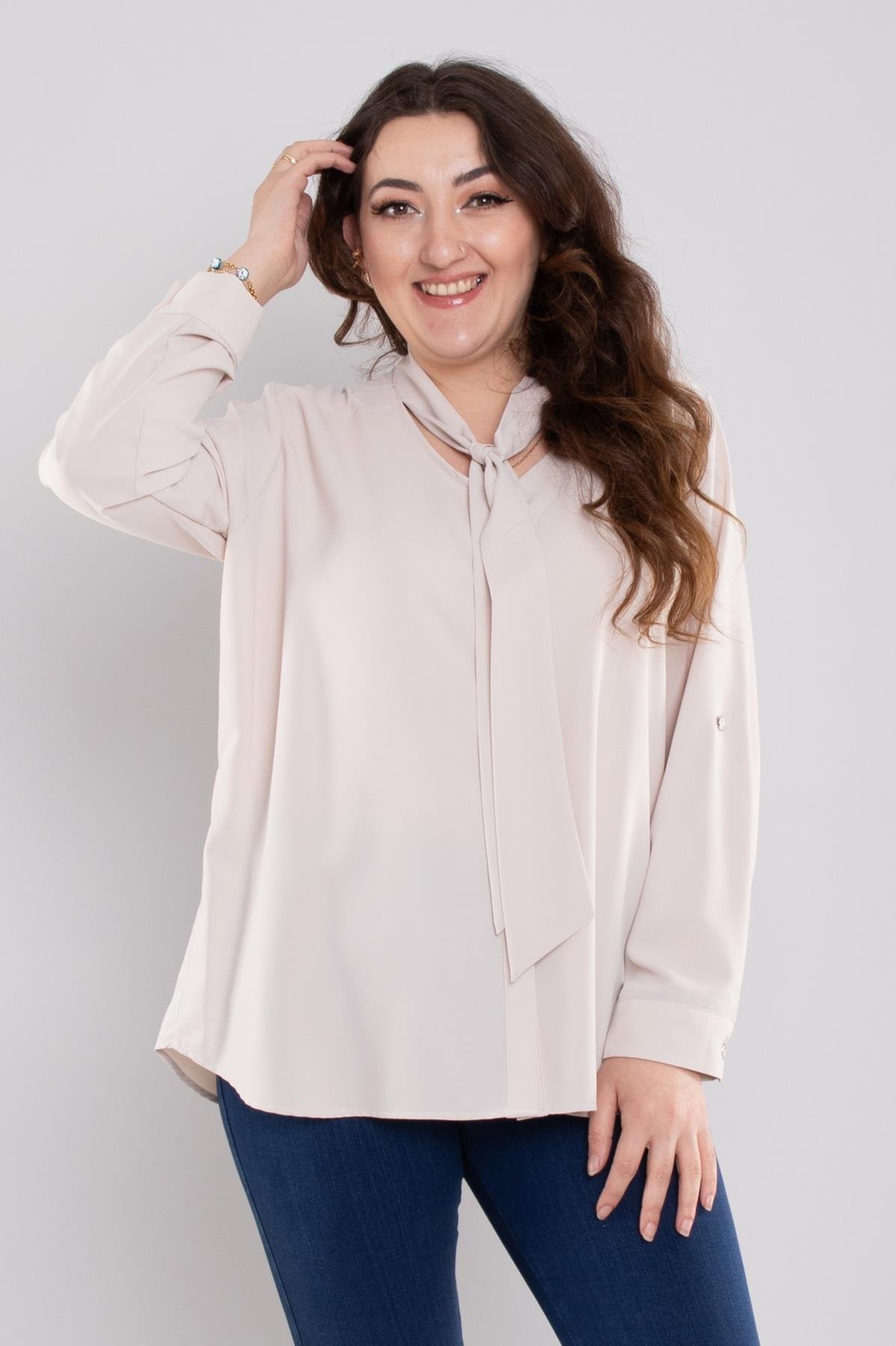 7465 Battal Yaka Fularlı Gizli Düğmeli Floş Gömlek