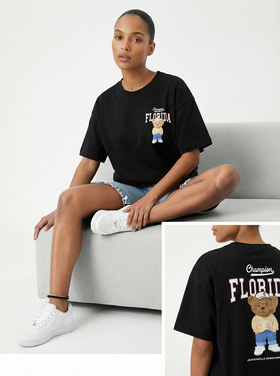 7515 Ayıcık Baskılı Bisiklet Yaka Kısa Kol Tshirt