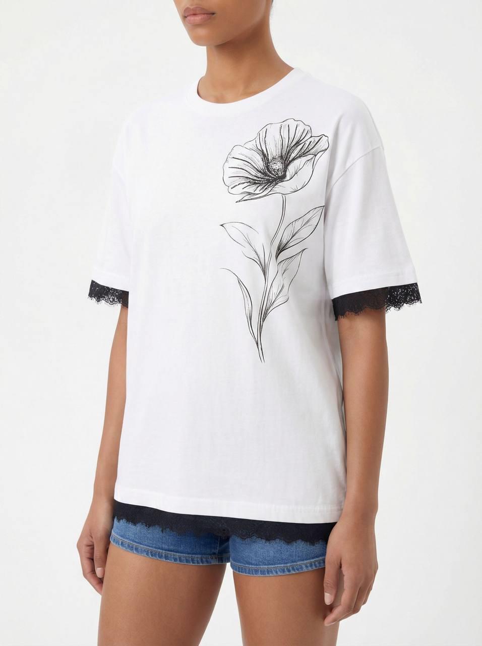 7574 Dantel Detay Çiçek Baskılı Kısa Kol Tshirt