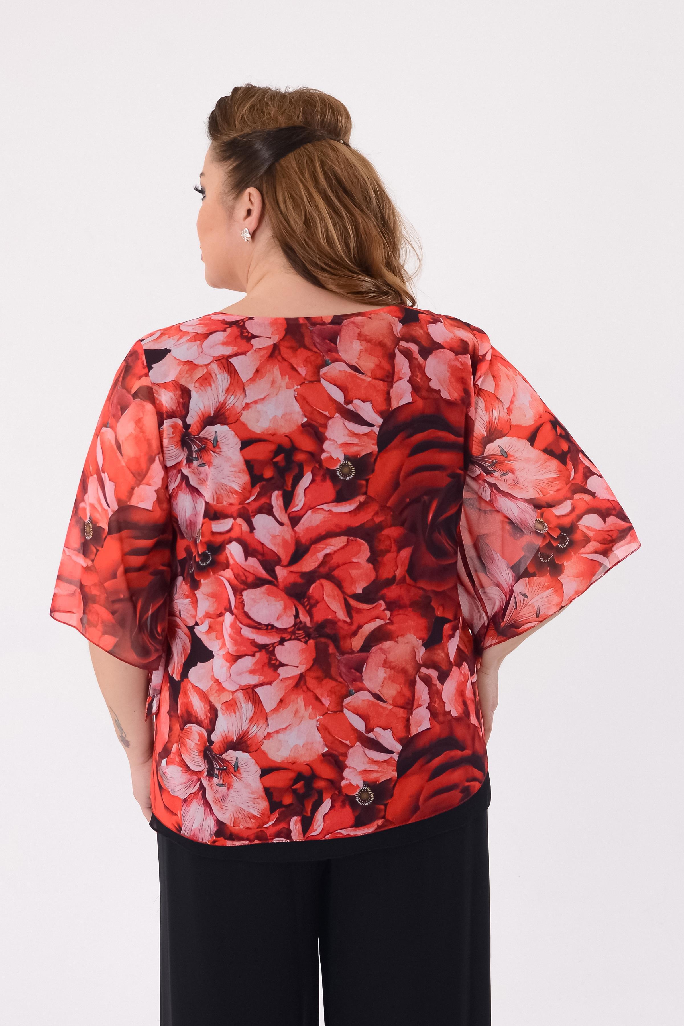 758 Vyaka Broşlu Gül Desen Şifon Bluz