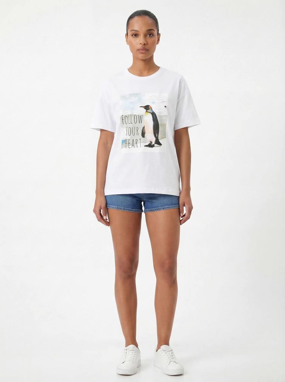 7594 Taşlı Penguen Baskılı Bisiklet Yaka Kısa Kol Tshirt