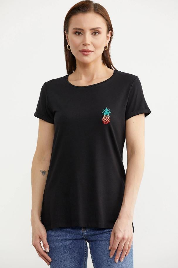 75956 Sıfır Yaka Ananaslı Basic Penye Kısa Kol Tshirt
