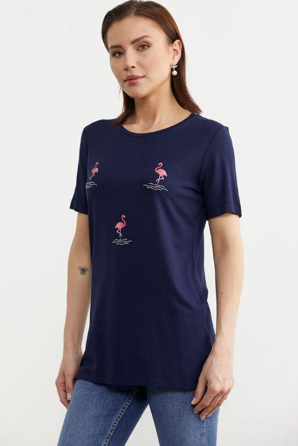 75959 Taş Detay Dökümlü Flamingo Baskı Kısa Kol Penye Tshirt