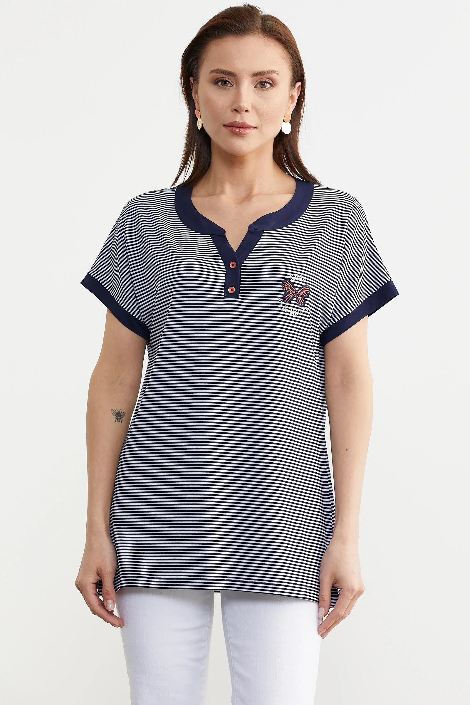 75984 Çizgili Nakış Detaylı Tshirt