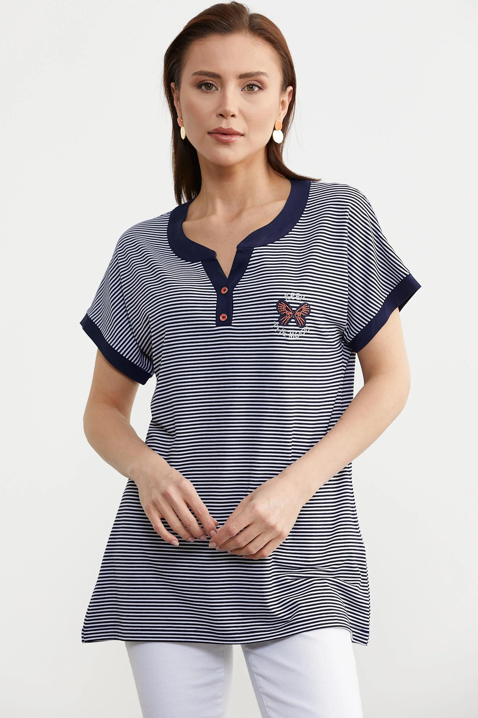 75984 Çizgili Nakış Detaylı Tshirt