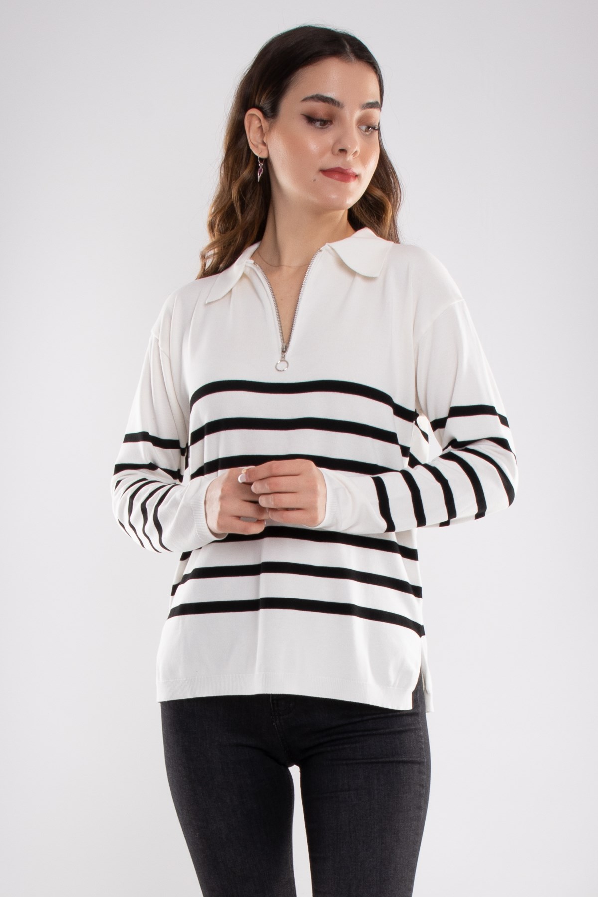 760 Polo Yaka Fermuar ve Çizgili Merserize Kadın Triko