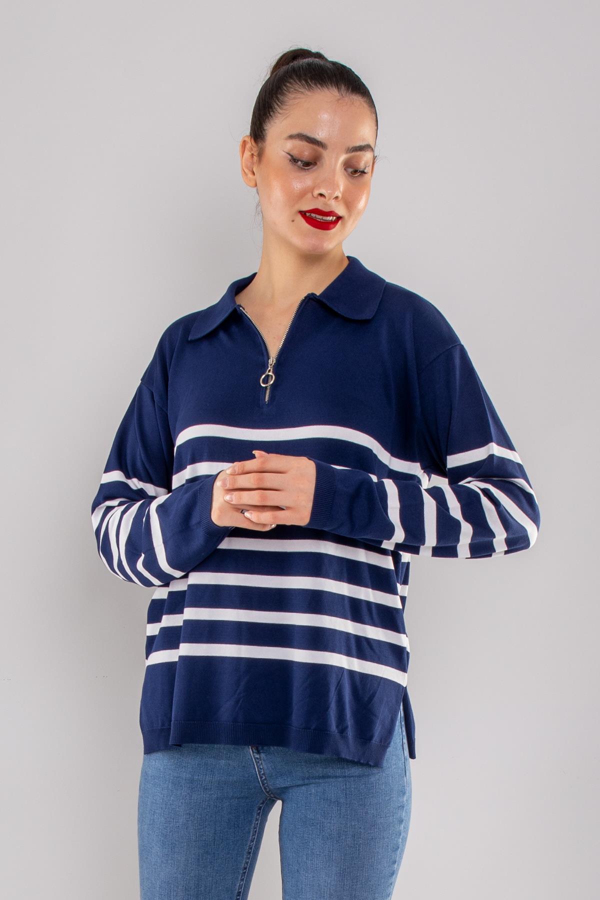 760 Polo Yaka Fermuar ve Çizgili Merserize Kadın Triko