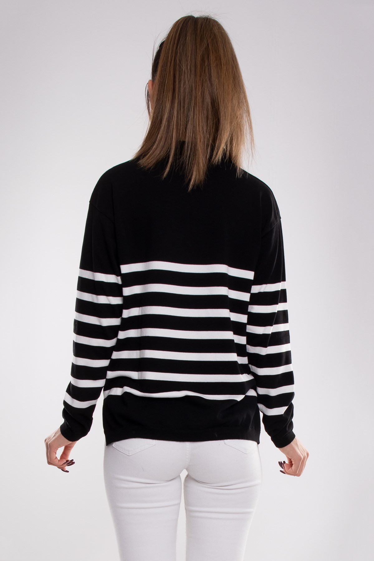 760 Polo Yaka Fermuar ve Çizgili Merserize Kadın Triko