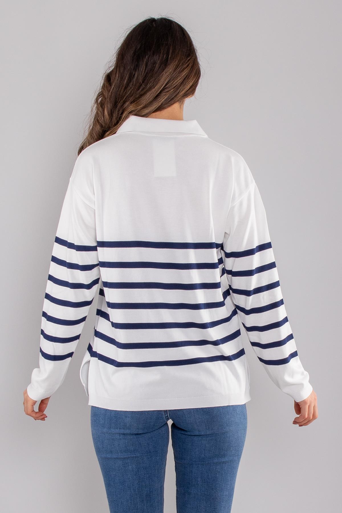 760 Polo Yaka Fermuar ve Çizgili Merserize Kadın Triko