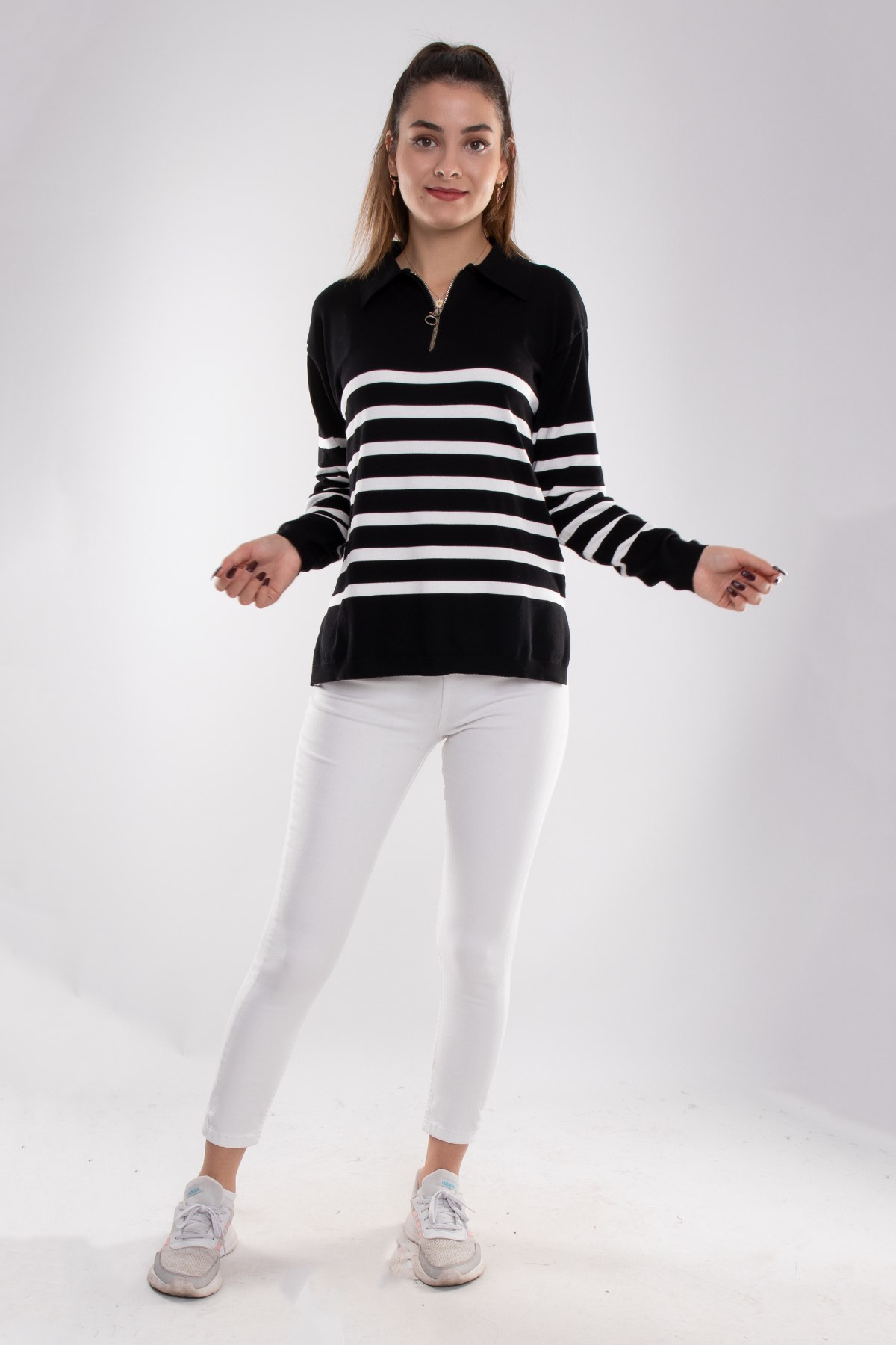 760 Polo Yaka Fermuar ve Çizgili Merserize Kadın Triko