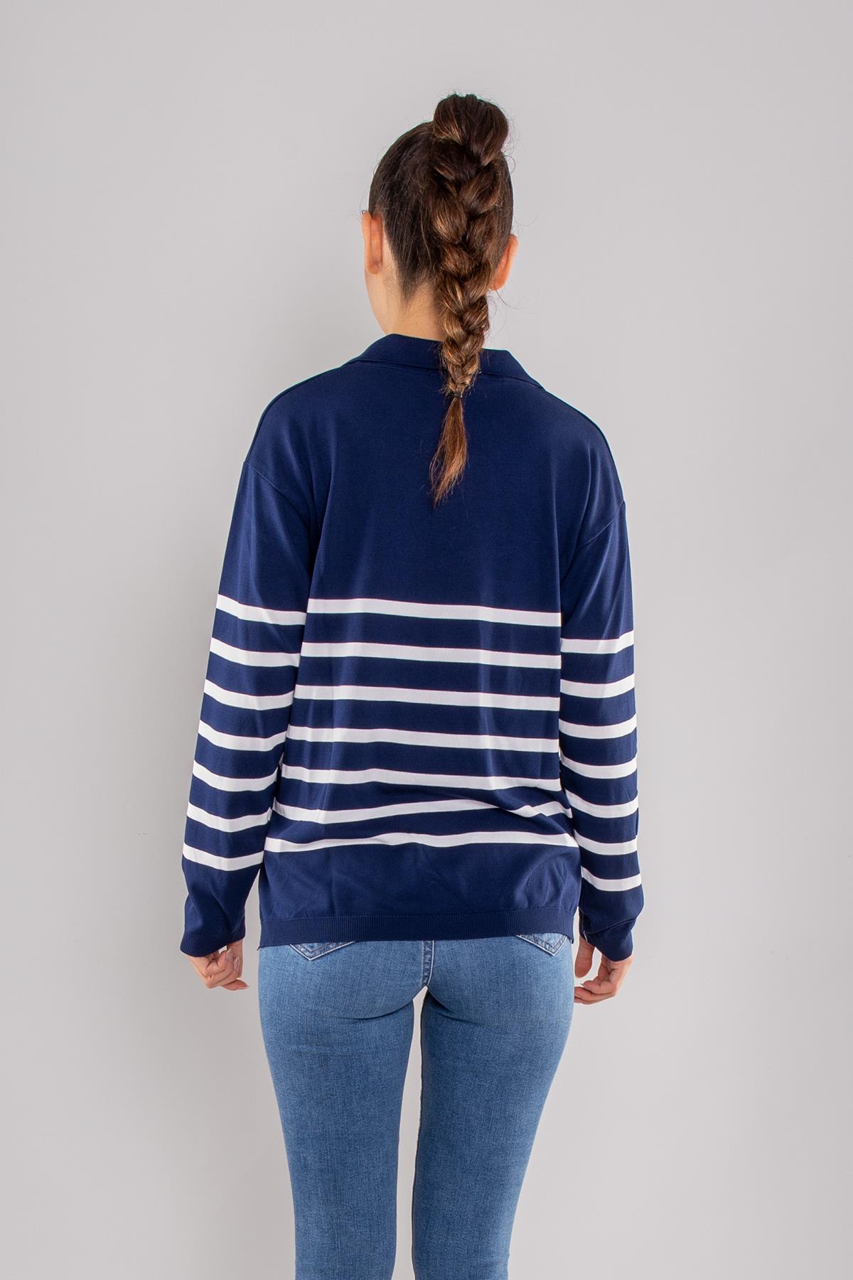 760 Polo Yaka Fermuar ve Çizgili Merserize Kadın Triko