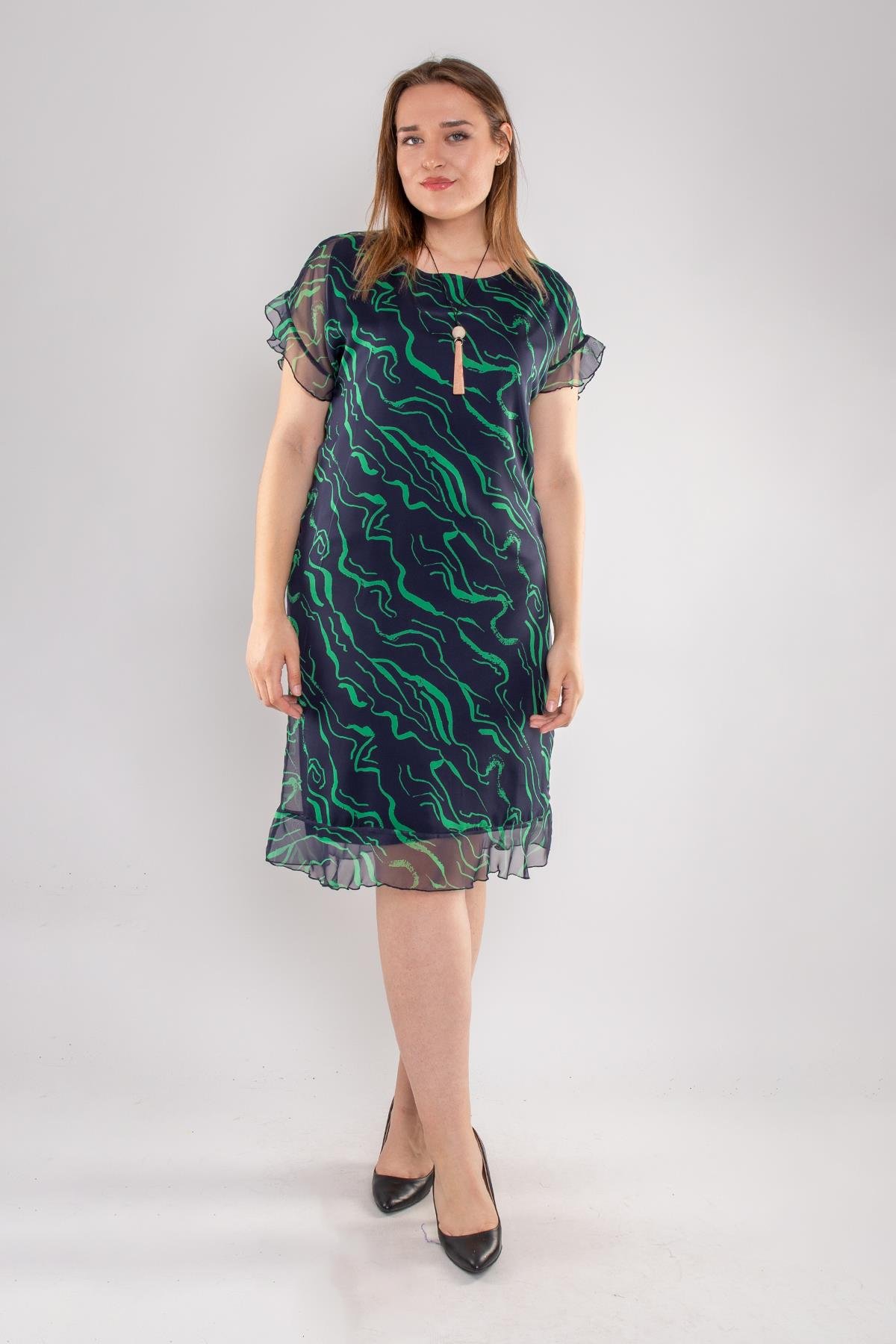 7625 Büyük Beden SuDalgası Desen Astarlı Kısa Şifon Elbise