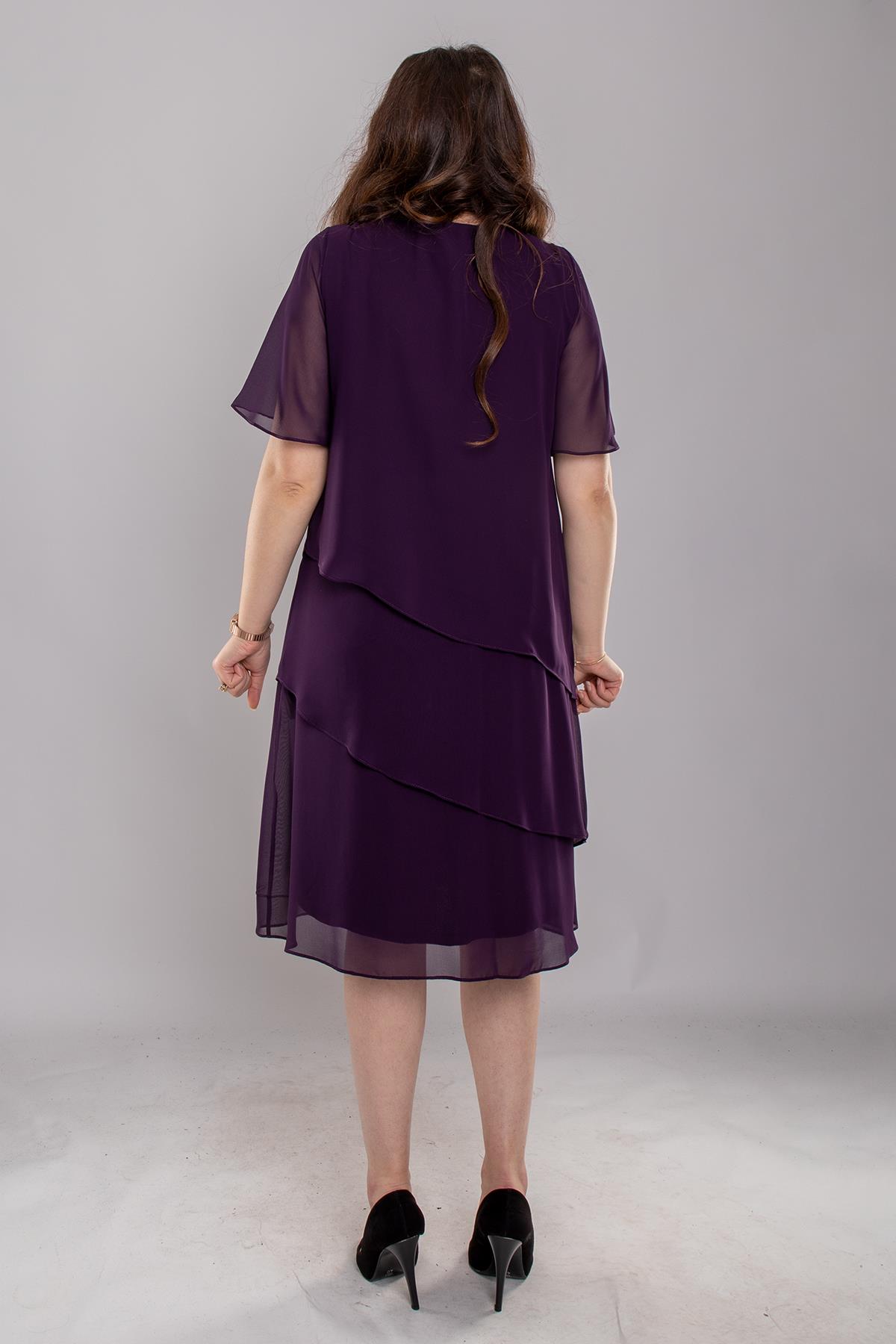 7638 Büyük Beden Yaka Taş Boncuklu Katlı Şifon Kısa Elbise