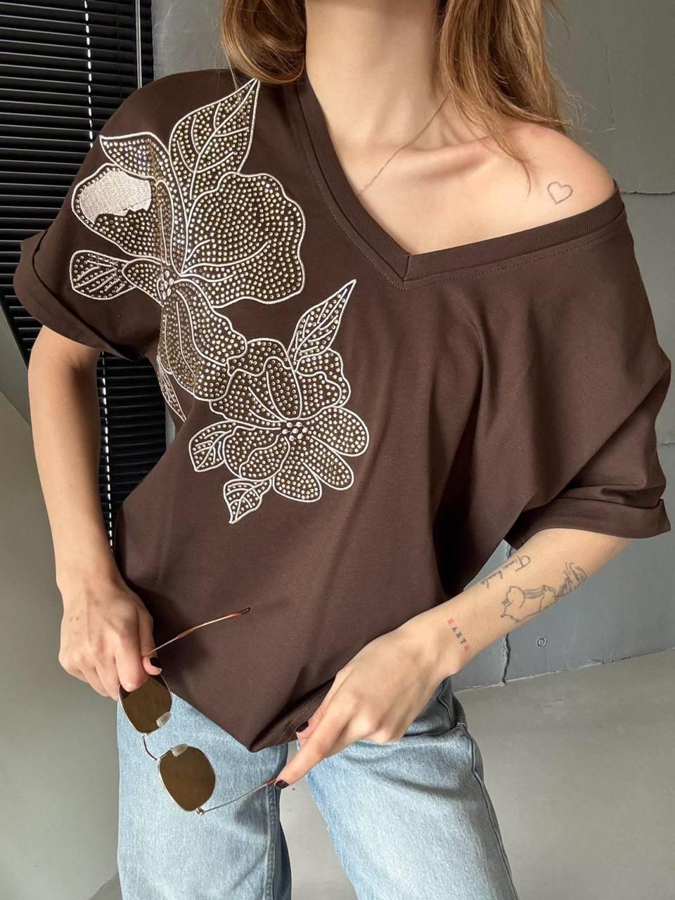 7668 Vyaka Taş Baskılı Yaprak Nakışlı Kısa Kol Tshirt