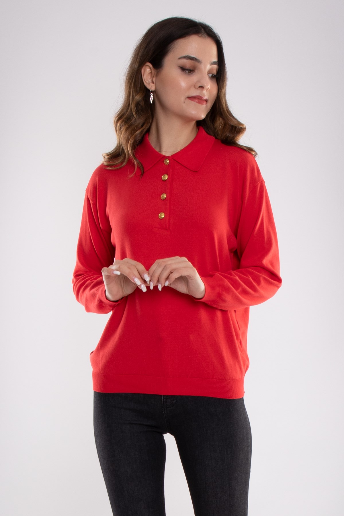 768 Gold Düğmeli Polo Yaka Triko Kadın Kazak