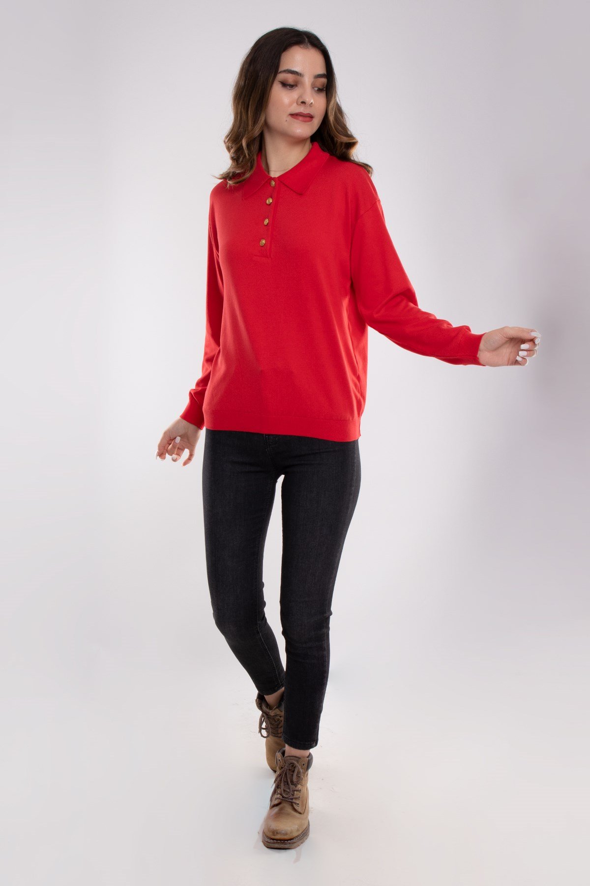 768 Gold Düğmeli Polo Yaka Triko Kadın Kazak