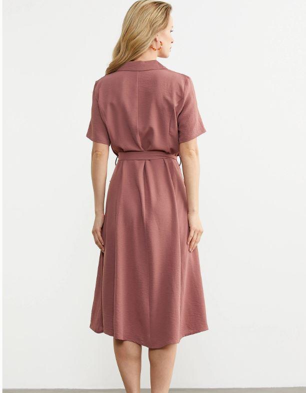 77389 Yakalı Cepli Düğmeli Midiboy Krep Gömlek Elbise