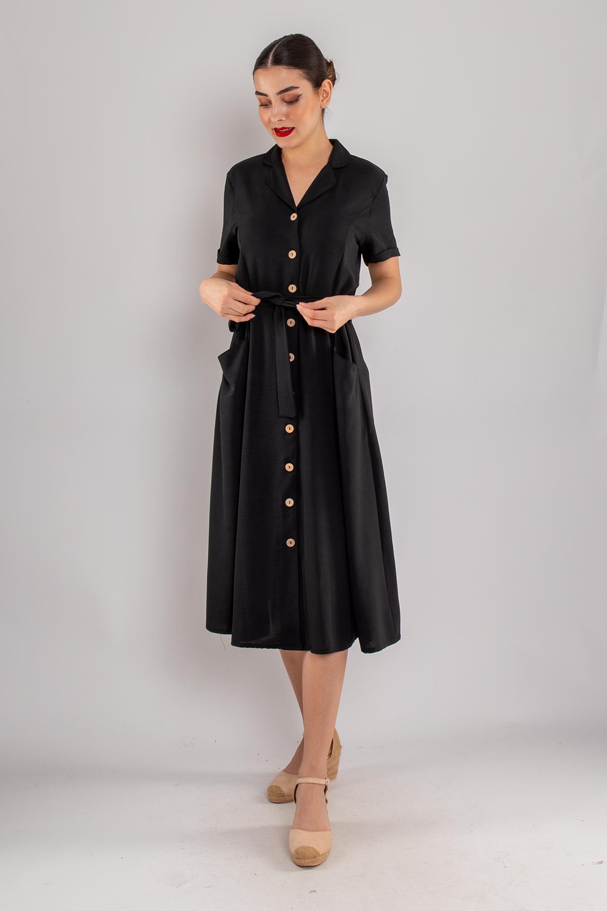77389 Yakalı Cepli Düğmeli Midiboy Krep Gömlek Elbise