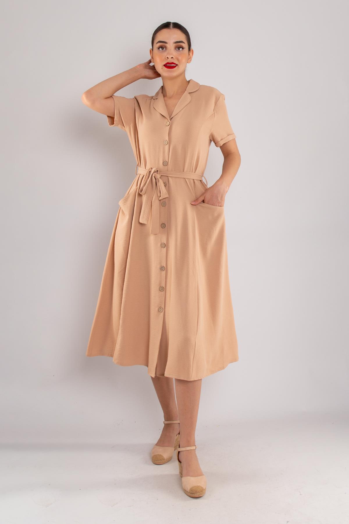 77389 Yakalı Cepli Düğmeli Midiboy Krep Gömlek Elbise