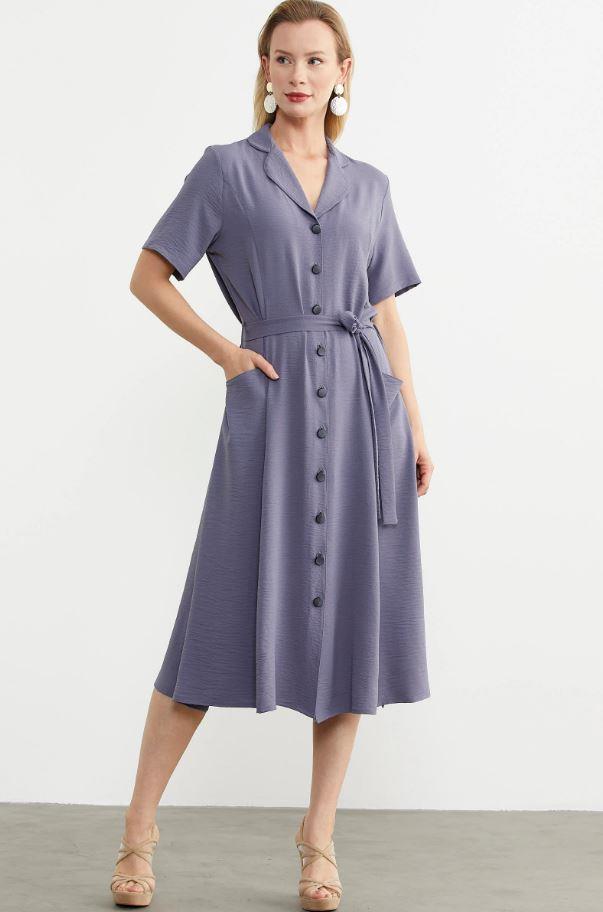 77389 Yakalı Cepli Düğmeli Midiboy Krep Gömlek Elbise