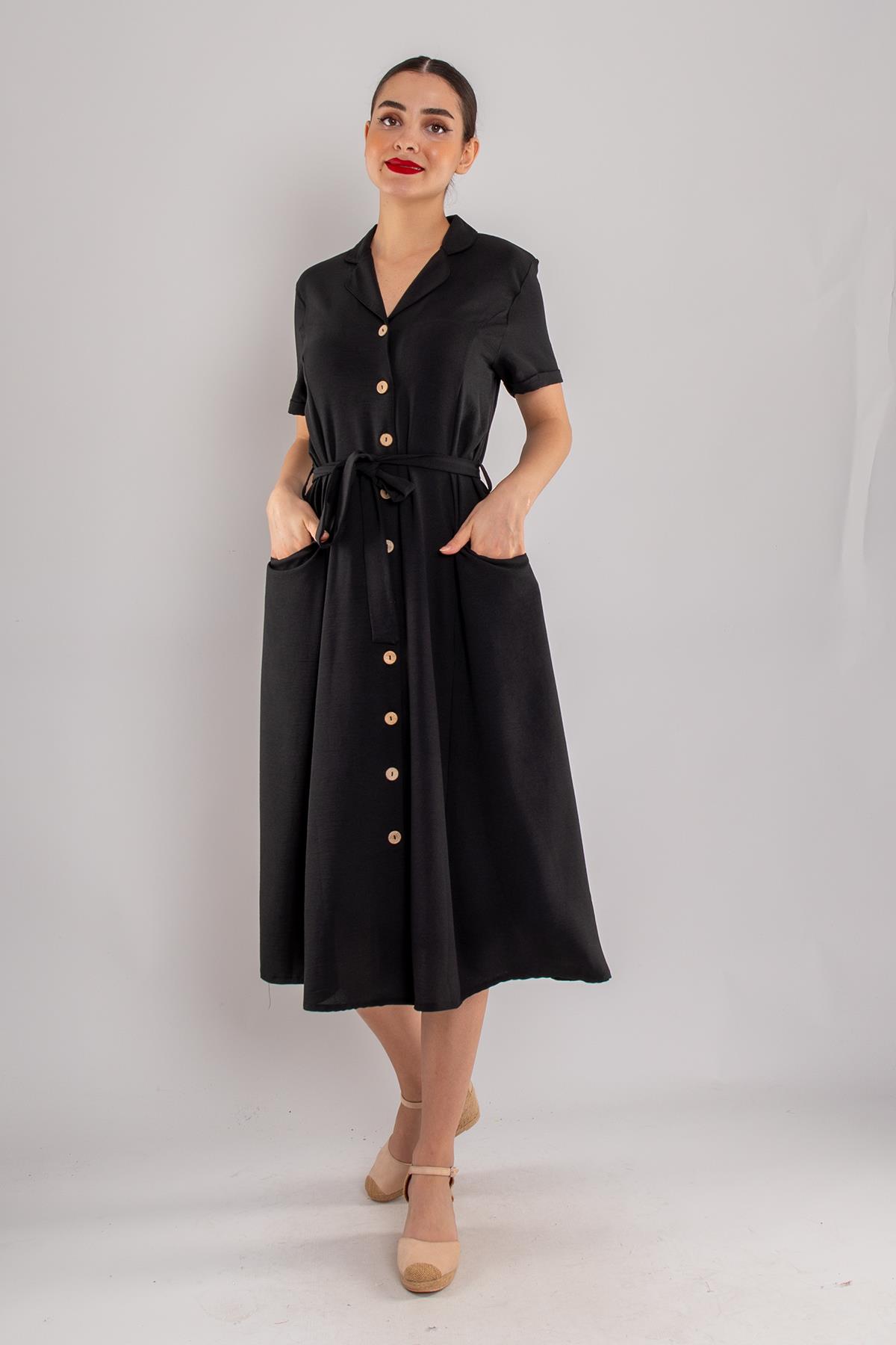 77389 Yakalı Cepli Düğmeli Midiboy Krep Gömlek Elbise