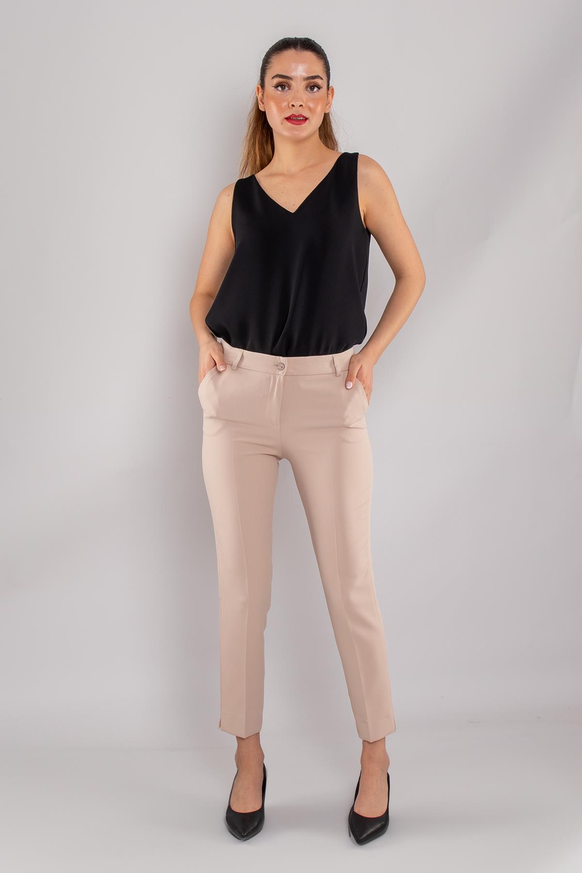 79300 Paça Yırtmaçlı Krep Kumaş Kadın Pantolon