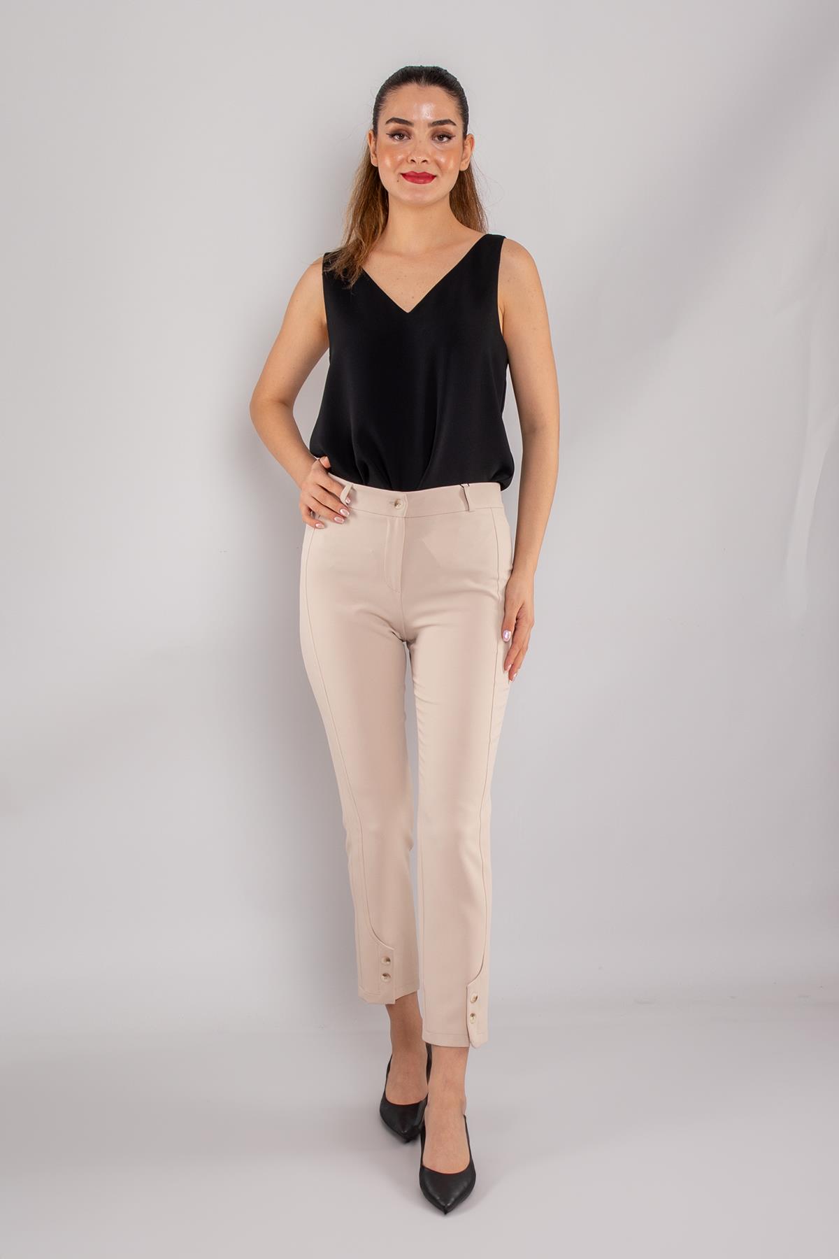 79301 Paça Düğmeli Yandan Çımalı Krep Kumaş Kadın Pantolon