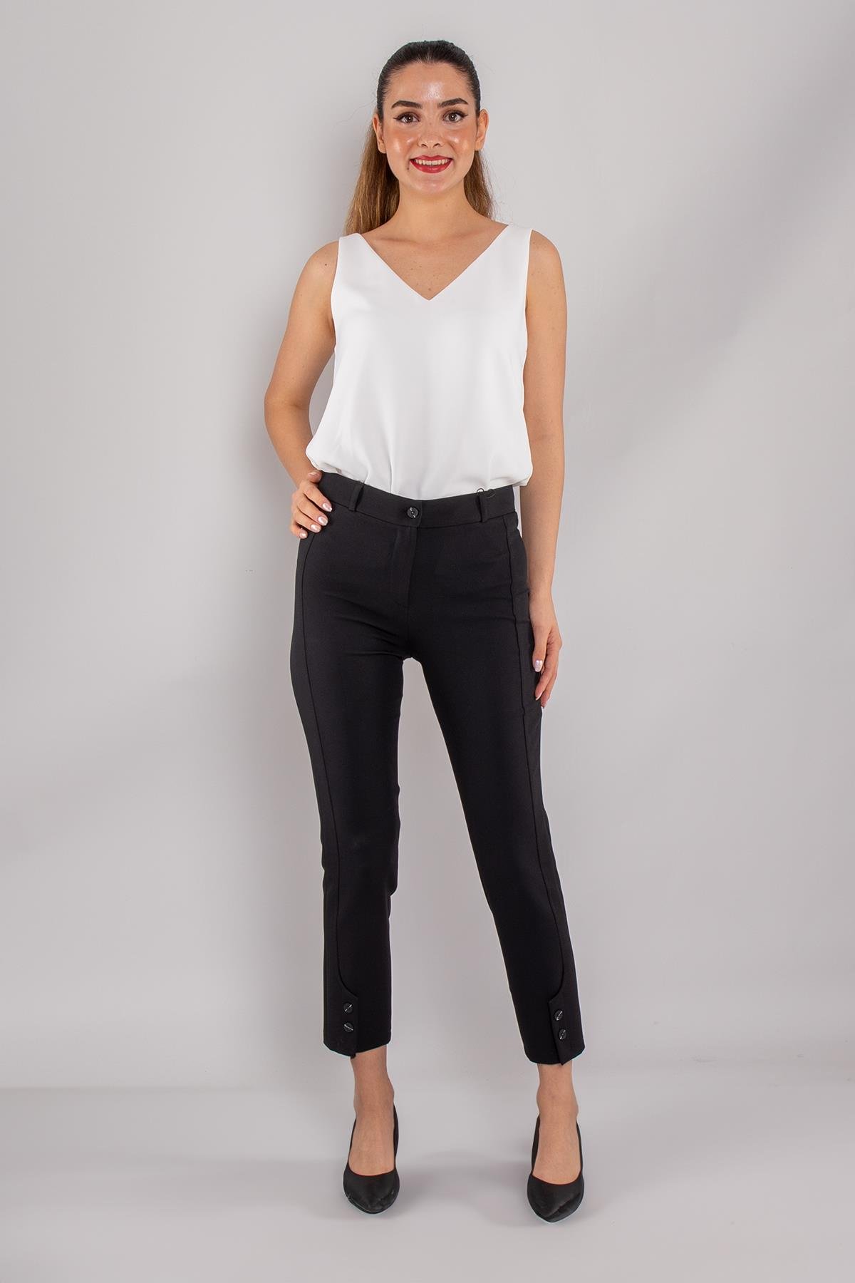 79301 Paça Düğmeli Yandan Çımalı Krep Kumaş Kadın Pantolon