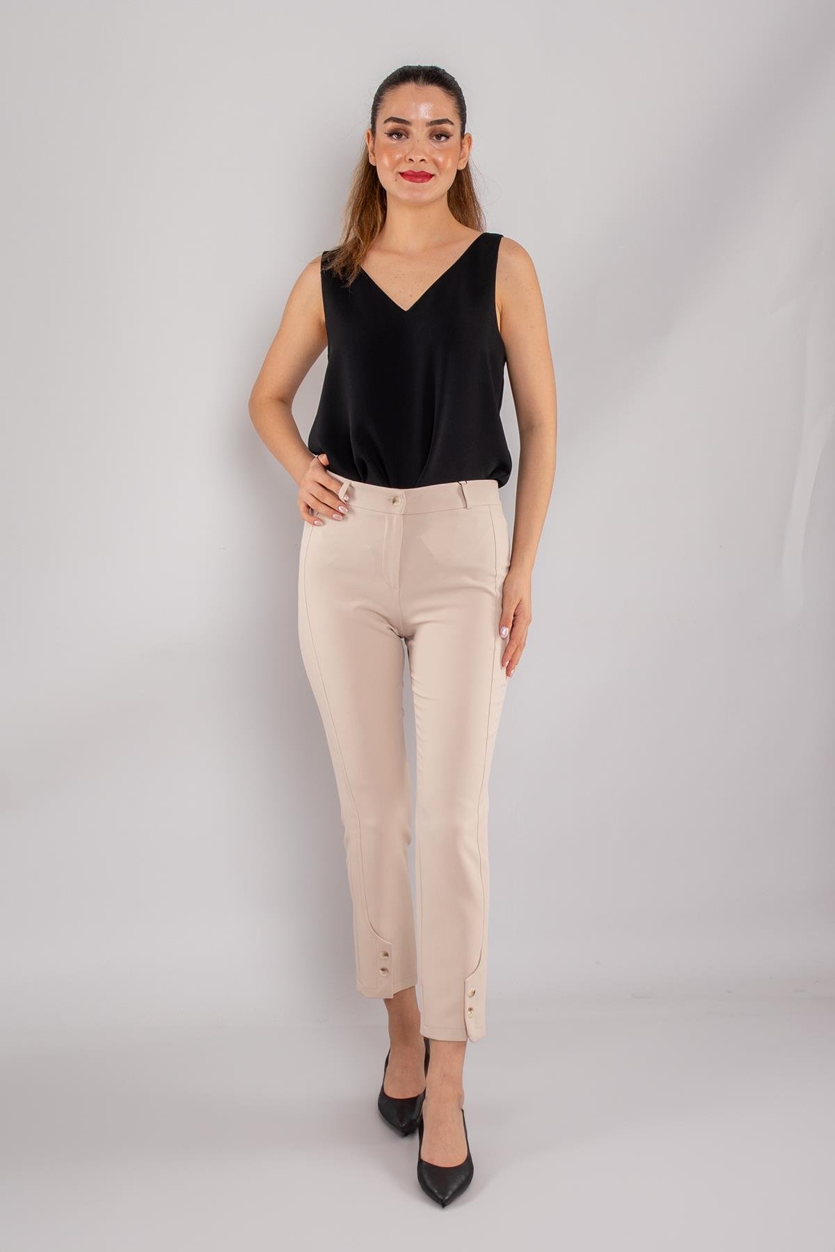 79301 Paça Düğmeli Yandan Çımalı Krep Kumaş Kadın Pantolon