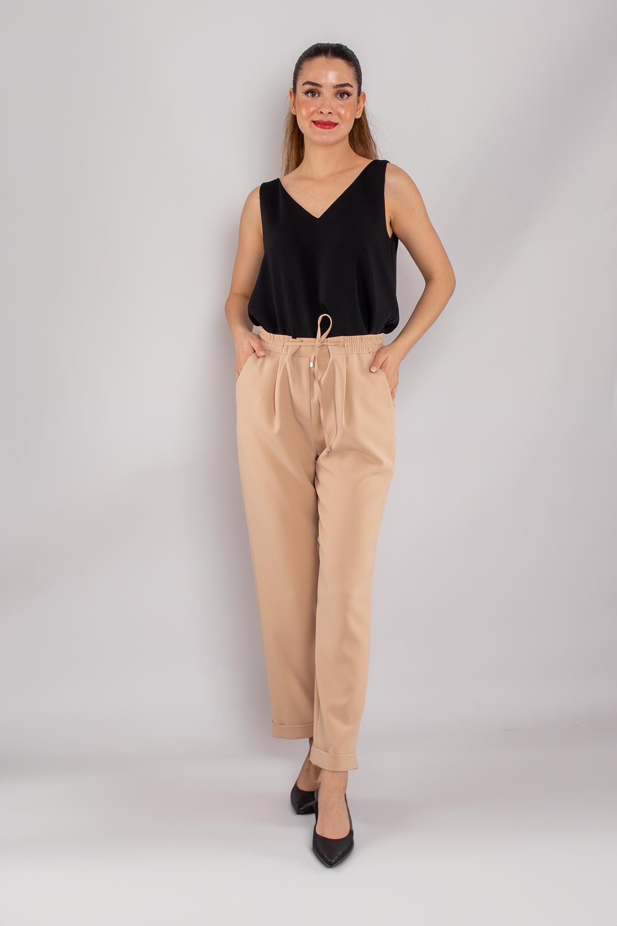 79675 Bel İpli Lastikli Duble Paça Krep  Kumaş Kadın Pantolon