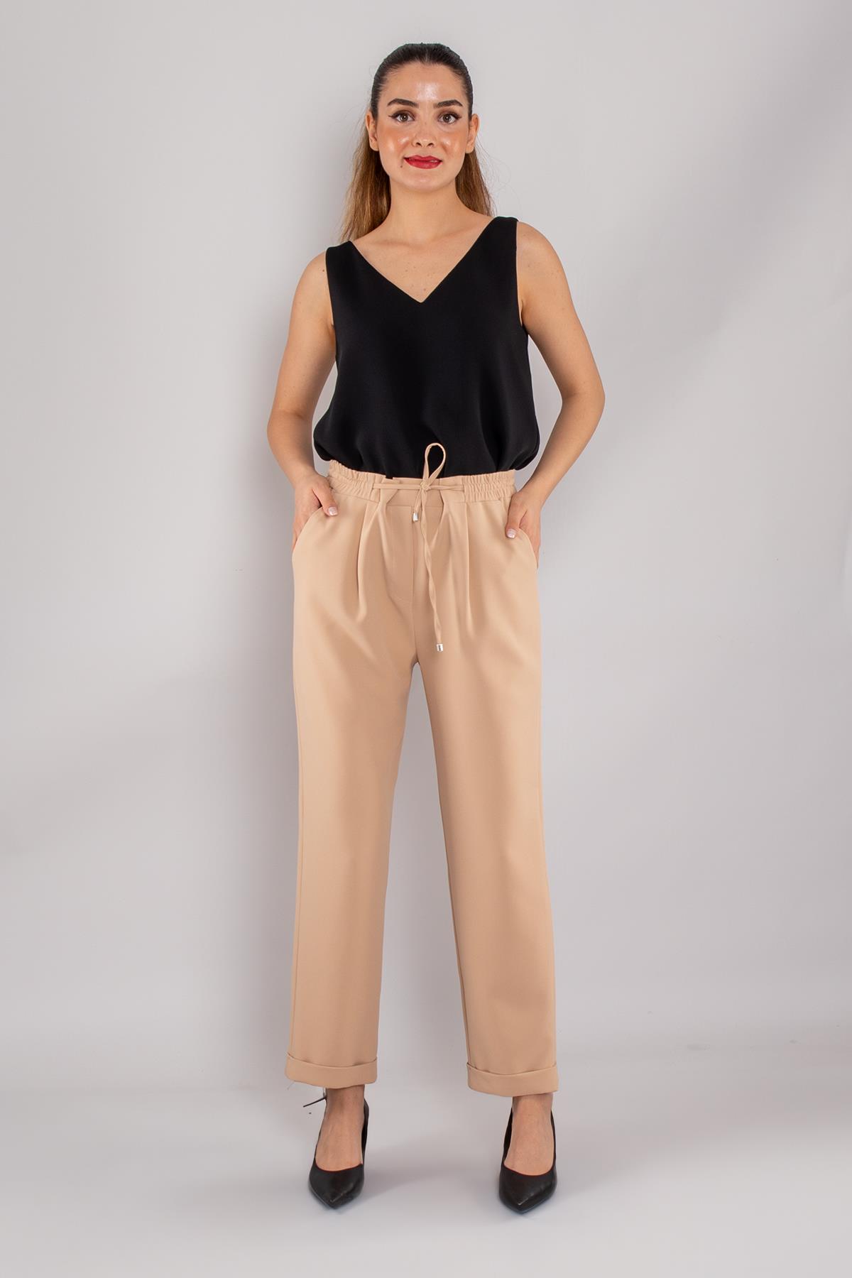 79675 Bel İpli Lastikli Duble Paça Krep  Kumaş Kadın Pantolon